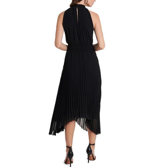 1. STATE Women's Pleated Midi Dress Small Black Halter Neck Handkerchief Hem NWT - Picture 2 of 10
